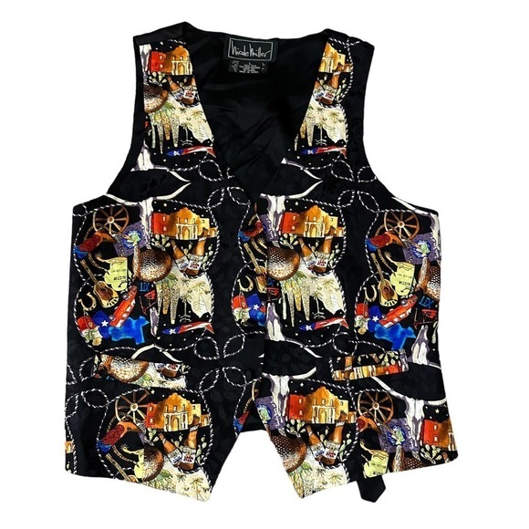 Vintage Nicole Miller Printed Vest Cowboy Rodeo Western Silk Black Size Large - Picture 1 of 11